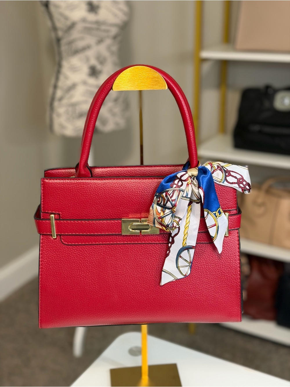 Red Structured Top-Handle Tote with Scarf Accent & Crossbody Strap